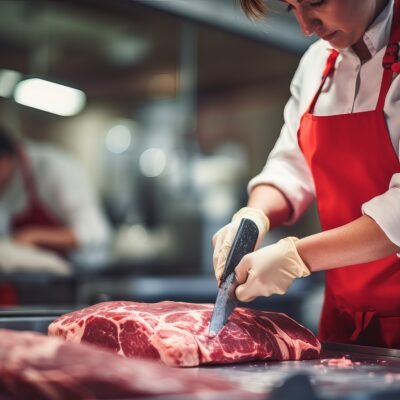 fresh meat is being cut by a woman in a butcher shop using a metal safety mesh glove.