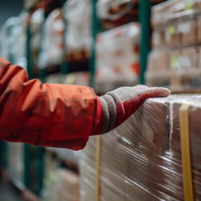 In a high-efficiency grocery warehouse, a worker wraps pallets of frozen food before dispatch, close-up