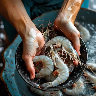a close up of a person holding a bowl of shrimp